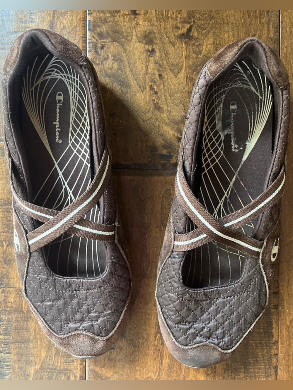 Champion brown quilted nylon and suede Mary Jane ballet flat sneakers Sz. 9